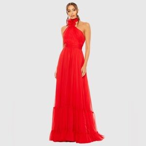Mac Duggal Red Asymmetrical Halter Neck Tiered A Line Gown NWT